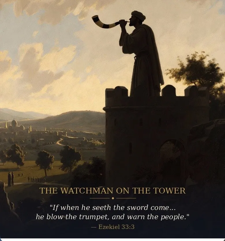 Painting of a watchman blowing a horn from a tower above an ancient city, illustrating Ezekiel 33.