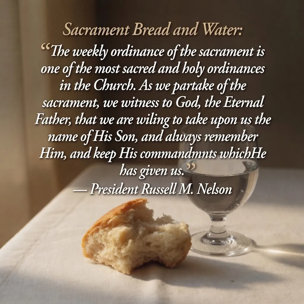 Graphic titled "Sacrament Bread and Water" with a quotation from President Russell M. Nelson: "The weekly ordinance of the sacrament is one of the most sacred and holy ordinances in the Church. As we partake of the sacrament, we witness to God, the Eternal Father, that we are willing to take upon us the name of His Son, and always remember Him, and keep His commandments which He has given us."