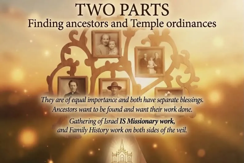Graphic titled "Two Parts: Finding ancestors and Temple ordinances" — they are of equal importance and both have separate blessings. The gathering of Israel is missionary work and family history work on both sides of the veil.